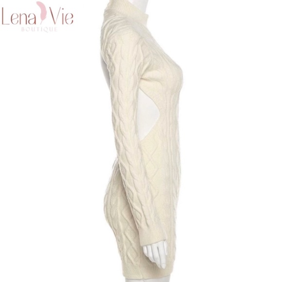 Lena Vie Dreamy Cable Knit Cream Open Back Sweater Dress, Miranda Knit Mini - Picture 12 of 16